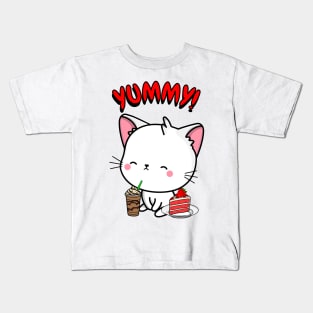 Cute white cat is having coffee and cake Kids T-Shirt